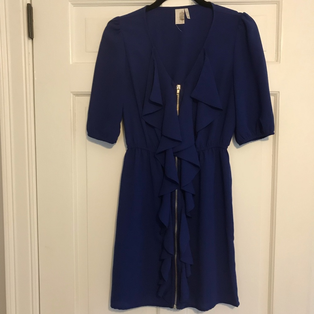 Ruffle Front Zip Blue Dress